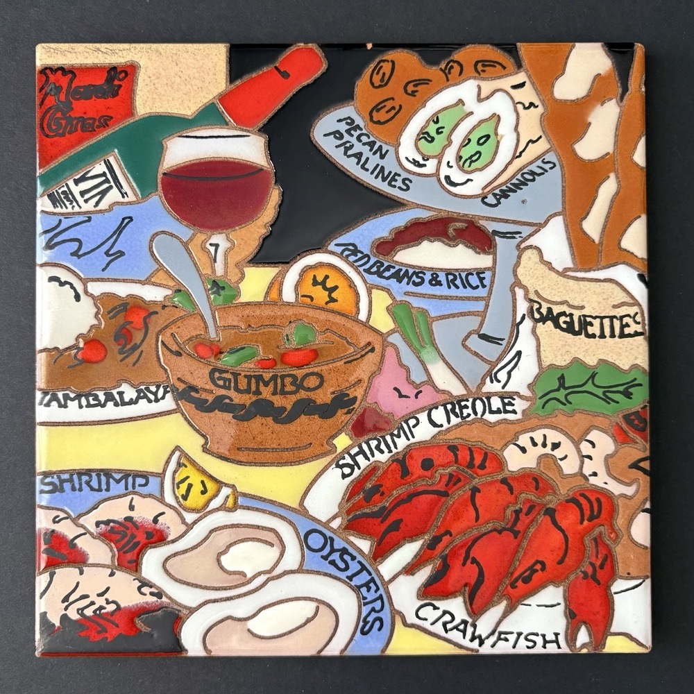 Supporto Per Bicottura New Orleans Food Ceramic Art Tile Trivet Made in Italy 8"